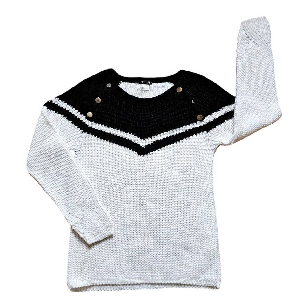 VENUS Sweater Open Knit Long Sleeve Black and White Color Block Womens Size M